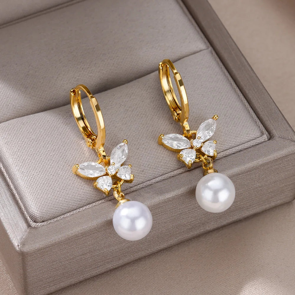 Butterfly & Pearl Earrings