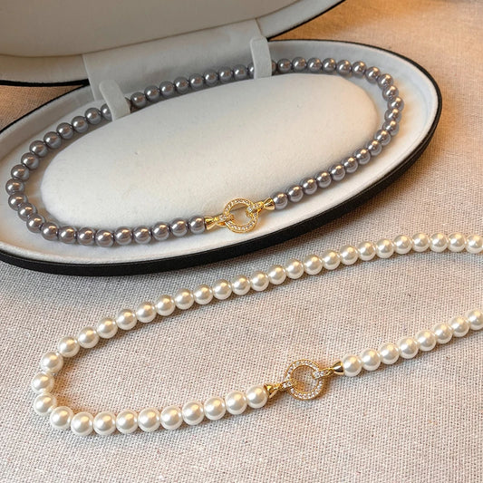 Pearl Necklace with Zircon Buckle